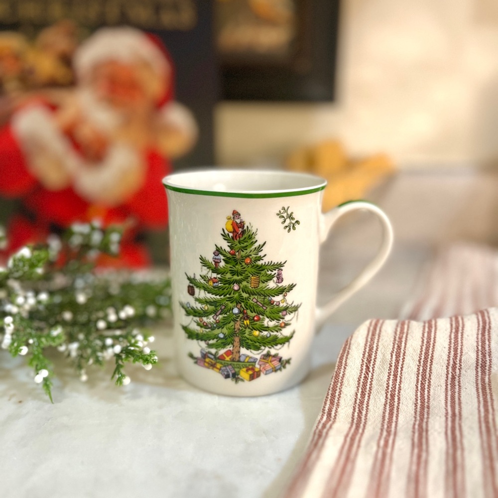 Spode Christmas Tree Cup 12oz Collectible, Santa Topper, Mistletoe Nostalgic